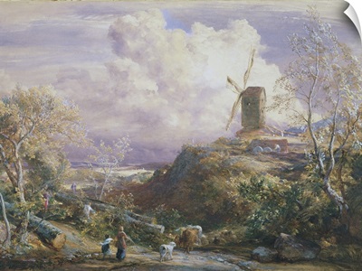 Windmill On A Hill With Cattle Drovers