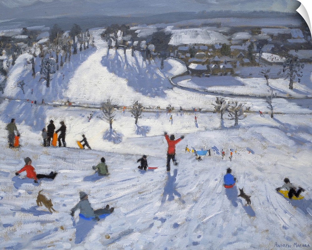 Painting of people with sleds at the top of a snow covered hill overlooking a small town.
