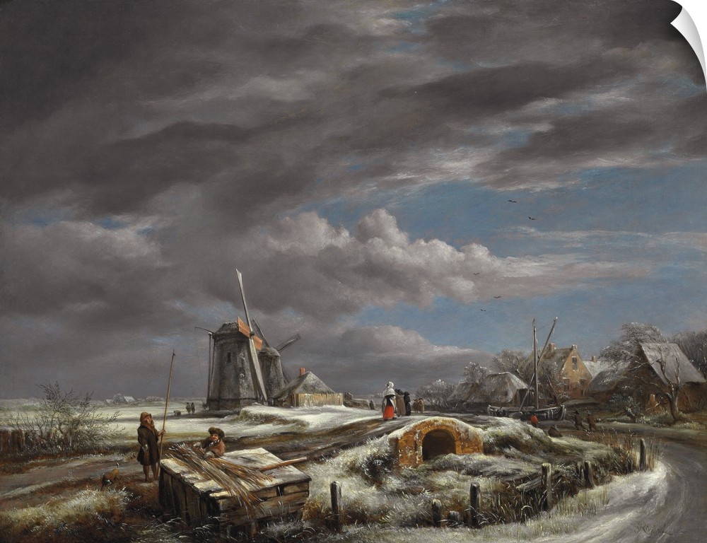 Winter landscape with figures on a path, a footbridge and windmills beyond