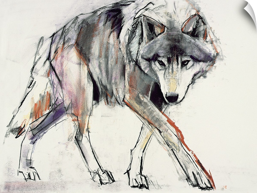 A sketchy, gestural drawing of a wolf on horizontal wall art.