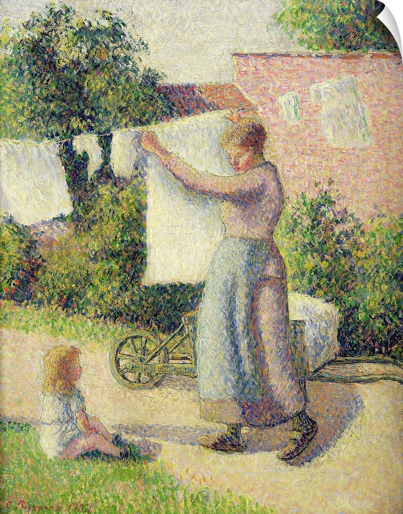 XIR15985 Woman Hanging up the Washing, 1887 (oil on canvas)  by Pissarro, Camille (1831-1903); 41x32.5 cm; Musee d'Orsay, ...