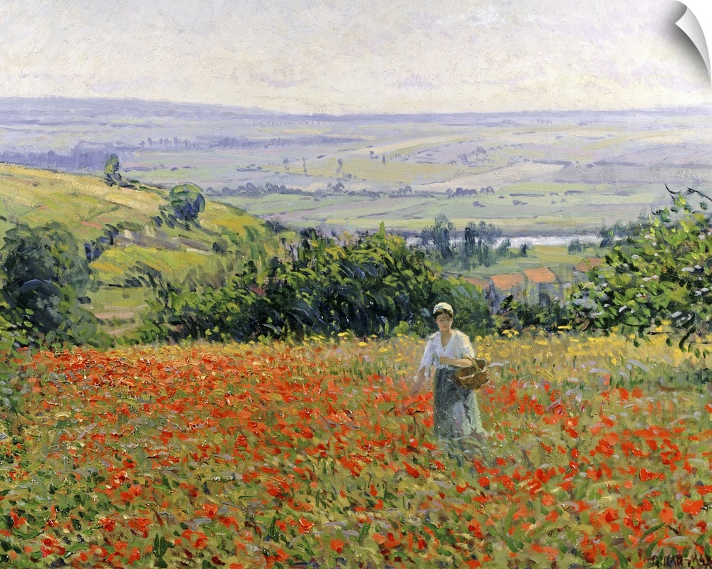 Oil painting on canvas of a woman walking through a flower field with a countryside with rolling hills in the distance.