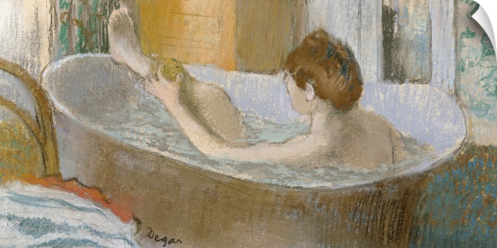 Panoramic classic art focuses on a lady bathing herself in a large tub within her house.  Her clothes sit draped over a ch...