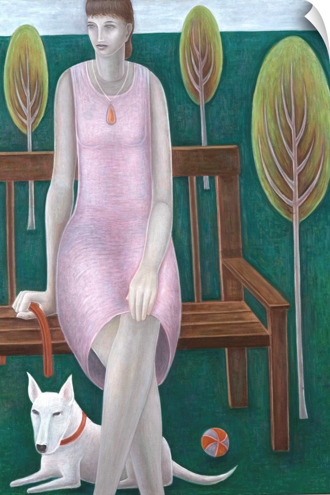 Contemporary painting of a woman sitting on a bench with a dog.