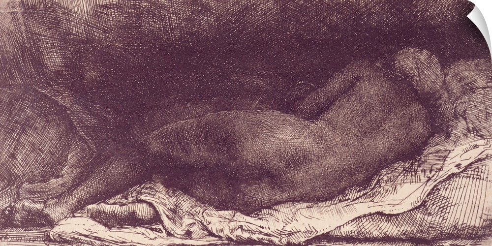 FIT167676 Woman Lying on a Bed, 1658 (etching, drypoint and burin with surface tone) by Rembrandt Harmensz. van Rijn (1606...