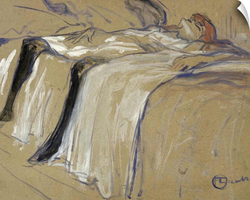 A large drawing of a woman lying on her back with a white dress and black stockings. She is draped over a bed.