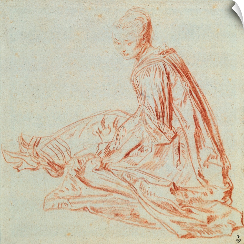 This is a late 19th century drawing or study of drapery on a woman seated on the ground looking over her shoulder while we...
