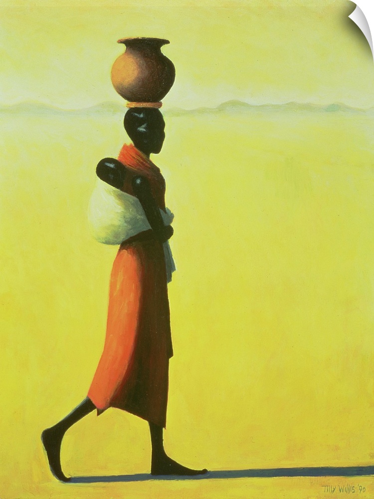 This vertical painting shows a single African woman walking through the desert with an urn balanced on her head and a baby...