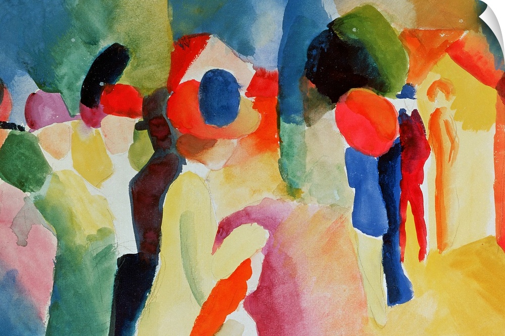 Painting of several people moving down a crowded street.  The people are simple figures created from geometric shapes.