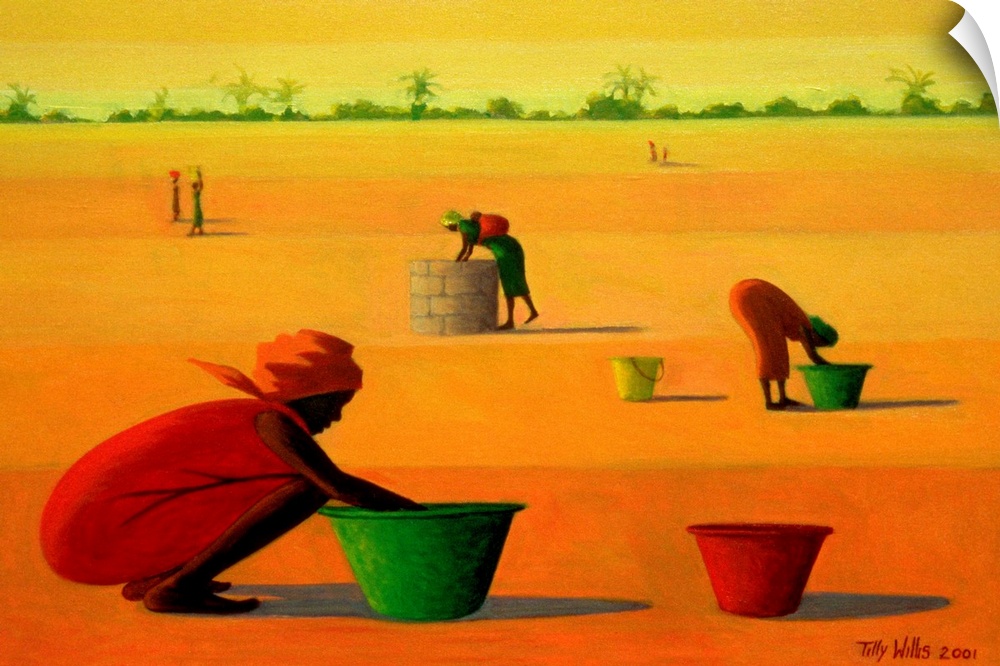 Painting of three women with buckets around a well in the dessert with a small forest on the horizon.