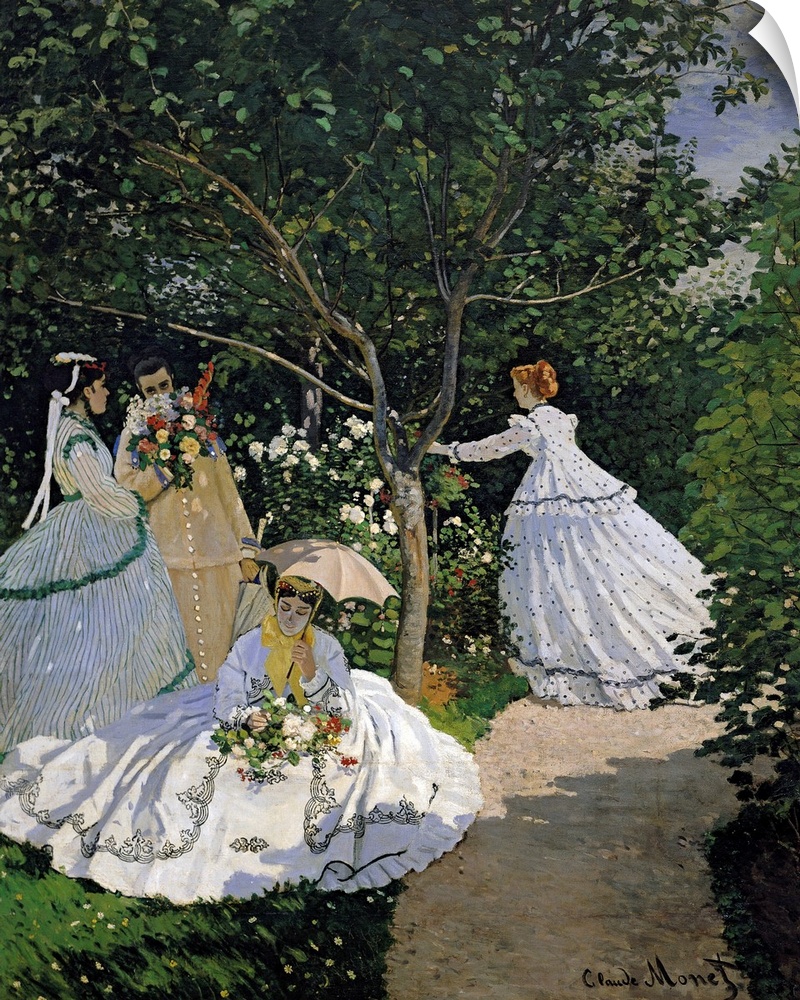 Classic oil painting by Claude Monet of four ladies surrounded by flowers and greenery.