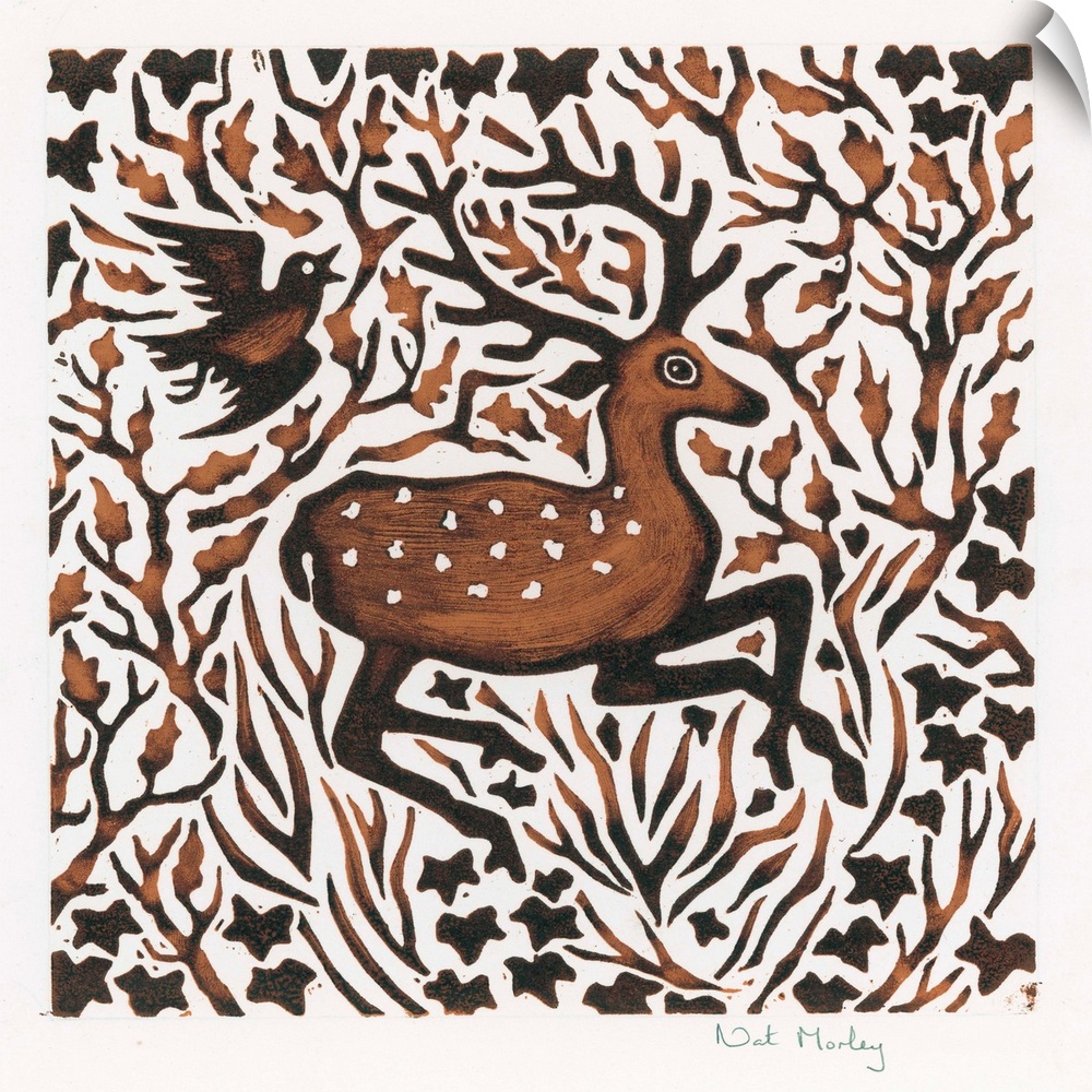 Woodland Deer, 2000 (woodcut) by Morley, Nat (Contemporary Artist)