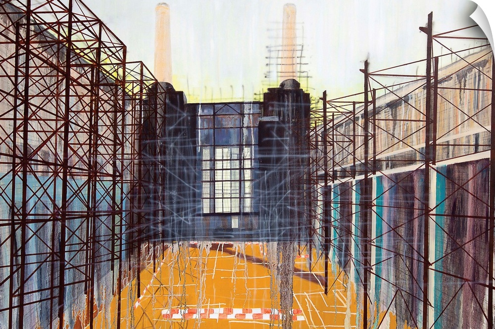 Contemporary painting of a building framework in progress of construction.