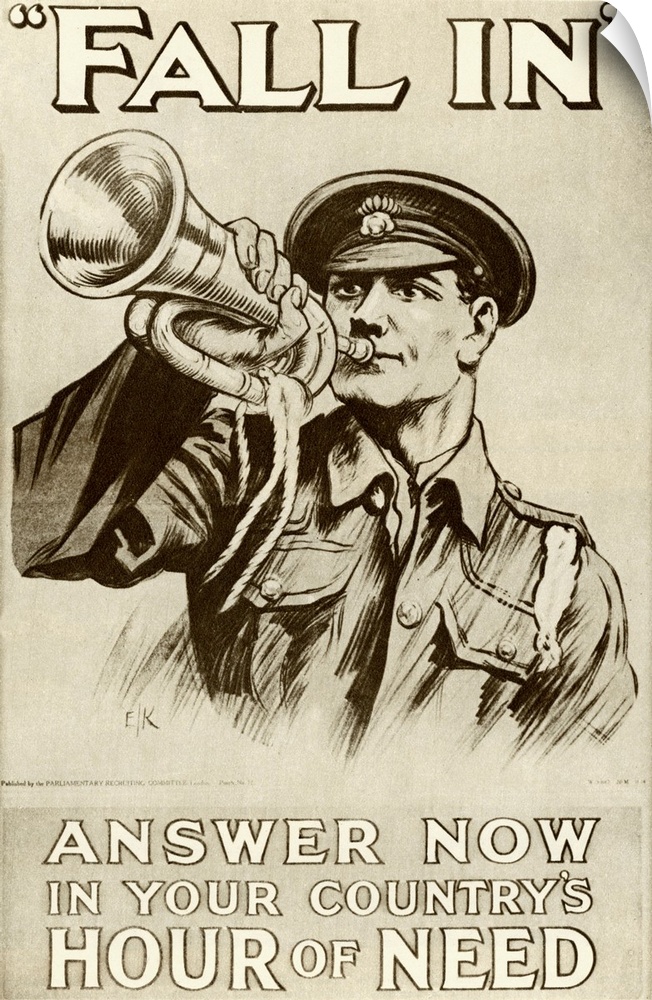 Recruitment poster for the British army in the First World War, 1915. Features soldier playing a bugle, with the slogan 'F...