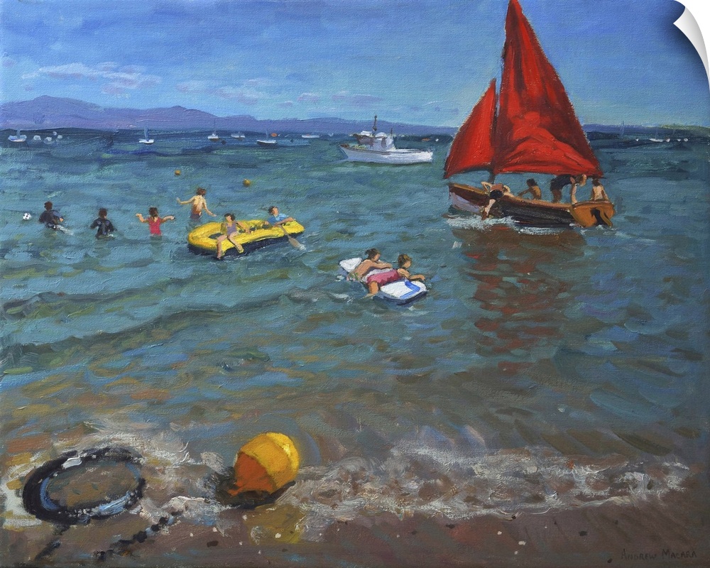 Contemporary painting of a sailboat in the water with people wading nearby.