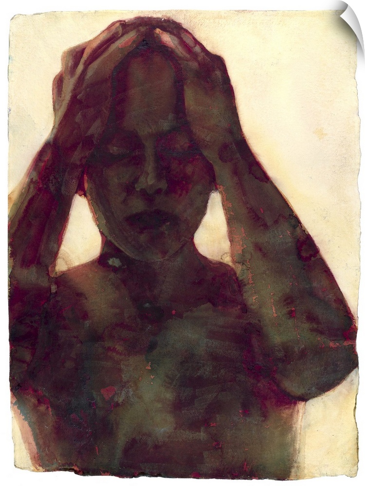 Contemporary watercolor painting of a woman with her hands on the top of her head with her eyes closed.