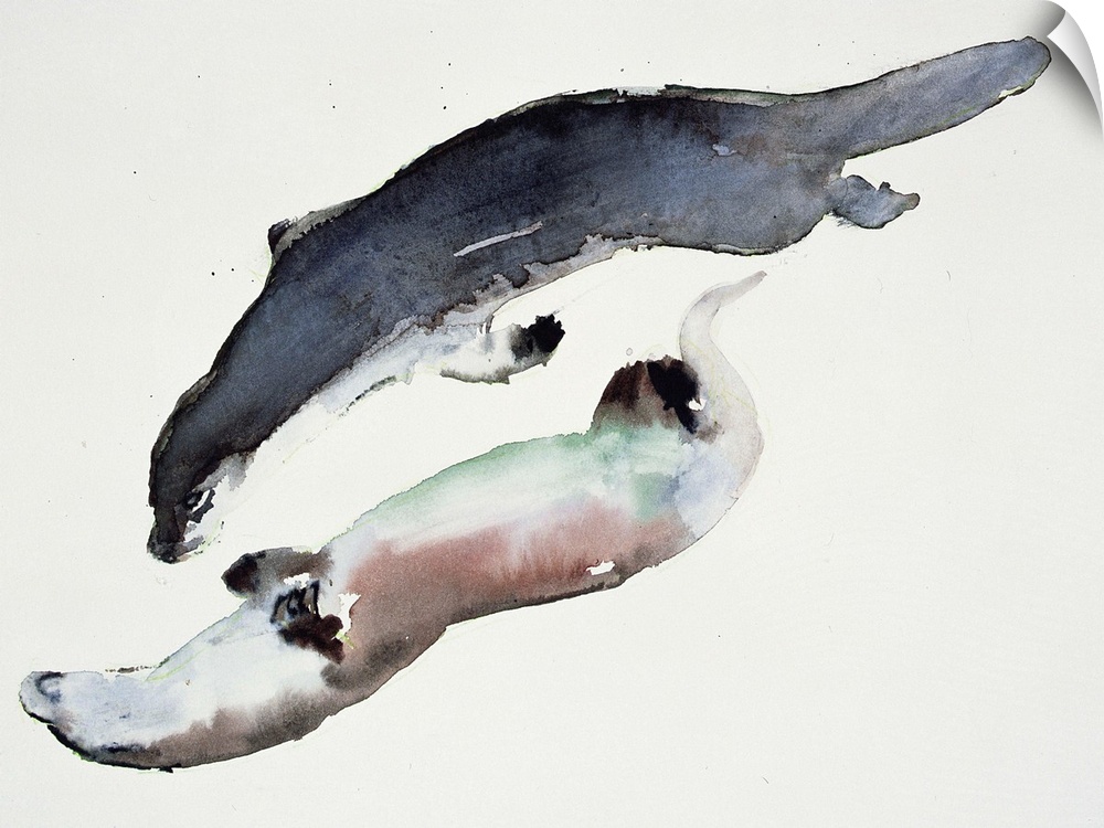Contemporary wildlife painting of two river otters swimming.