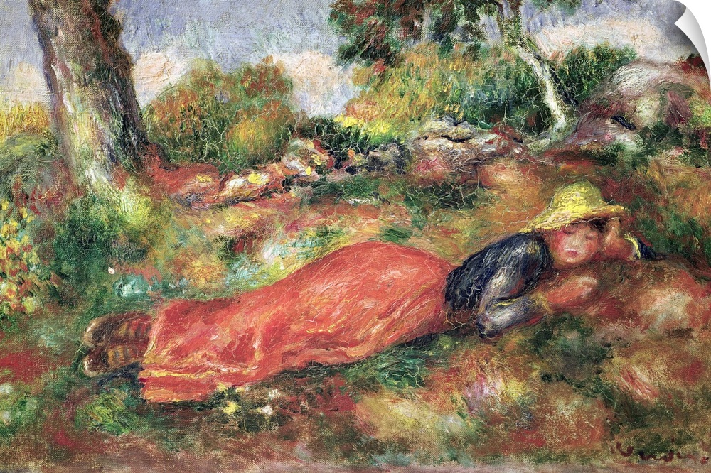 Painting of a young child with a hat on sleeping in a colorful meadow.