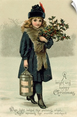 Young girl with Holly and Lantern, postcard