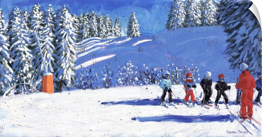 Young Skiers, Morzine, France. 2015, oil on canvas.  By Andrew Macara.