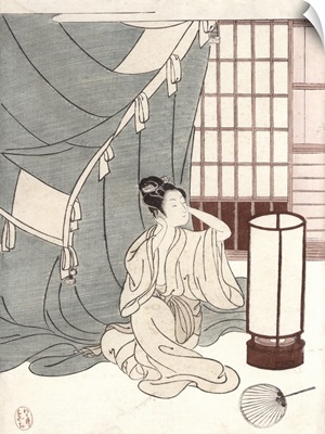 Young woman kneeling by her mosquito net, 1766