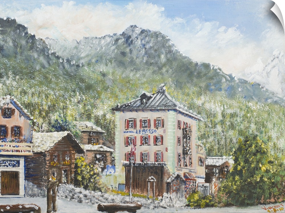 Contemporary painting of a view of a village building with a mountain in the distance in Switzerland.