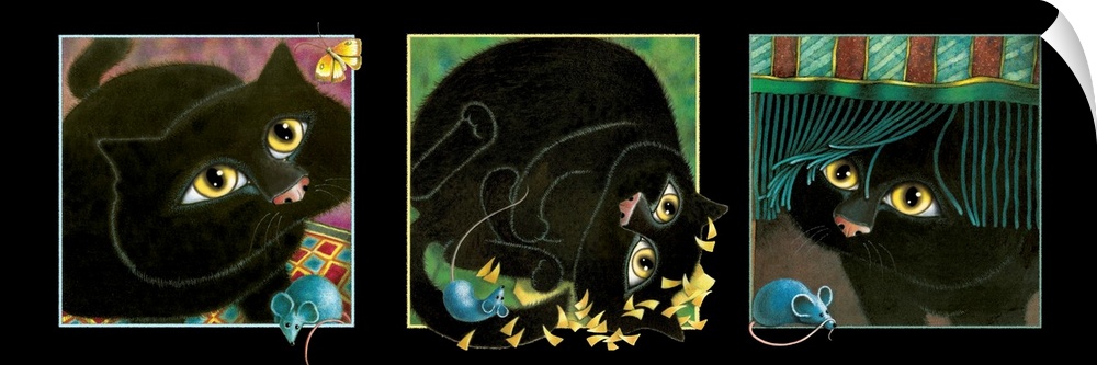 Panoramic painting that has three square with a black cat and blue mouse in each.
