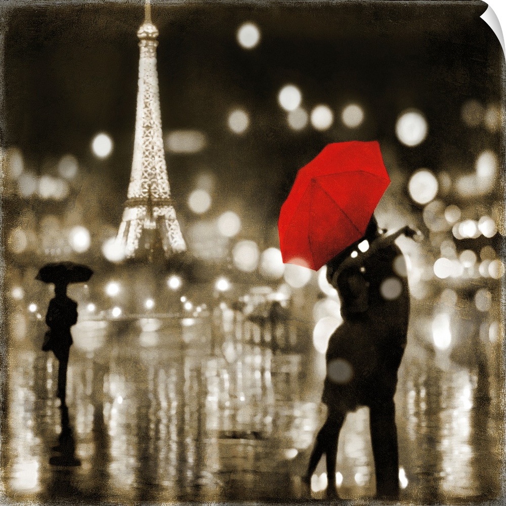 Square art with a couple kissing under a red umbrella and the Eiffel Tower lit up in the background.