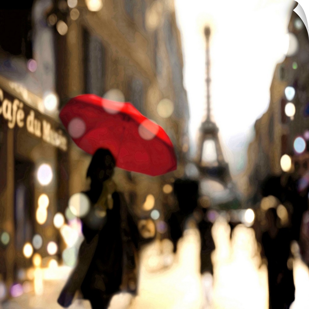 Blurred square illustration of a figure walking down a Paris street carrying a red umbrella with the Eiffel Tower in the d...
