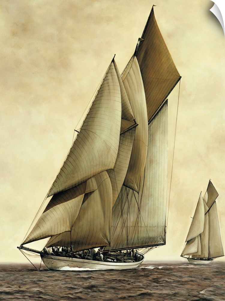 Contemporary painting of two sailboats in the middle of the ocean with sepia tones.