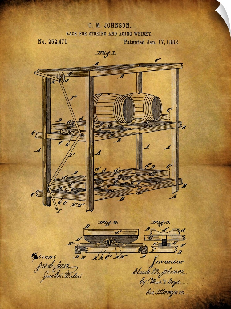 Antique blueprint of the process to age whisky, patented January 17, 1882.