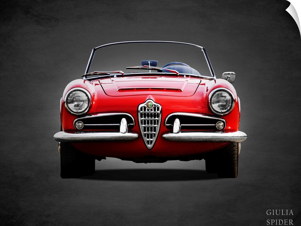 Photograph of a red 1964 Alfa Giulia 1600 Spider printed on a black background with a dark vignette.