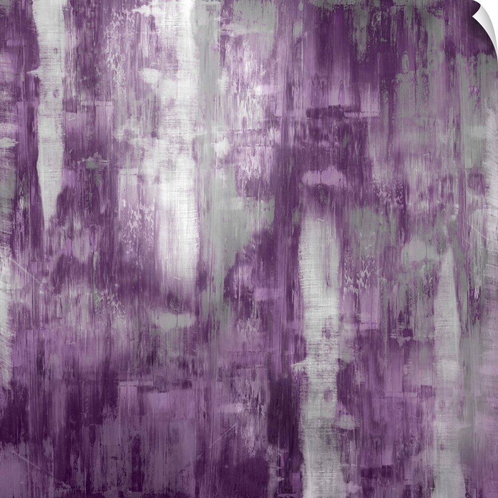 Square abstract painting with silver and purple hues running down the canvas.