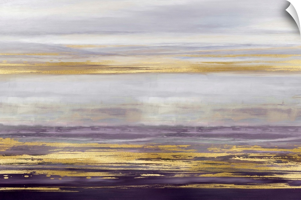 Contemporary artwork featuring three gold brush strokes on a purple gradated background.