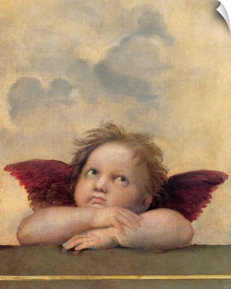 Detail from The Sistine Madonna, 1513 by Raphael, of winged cherubim rest on their elbows.