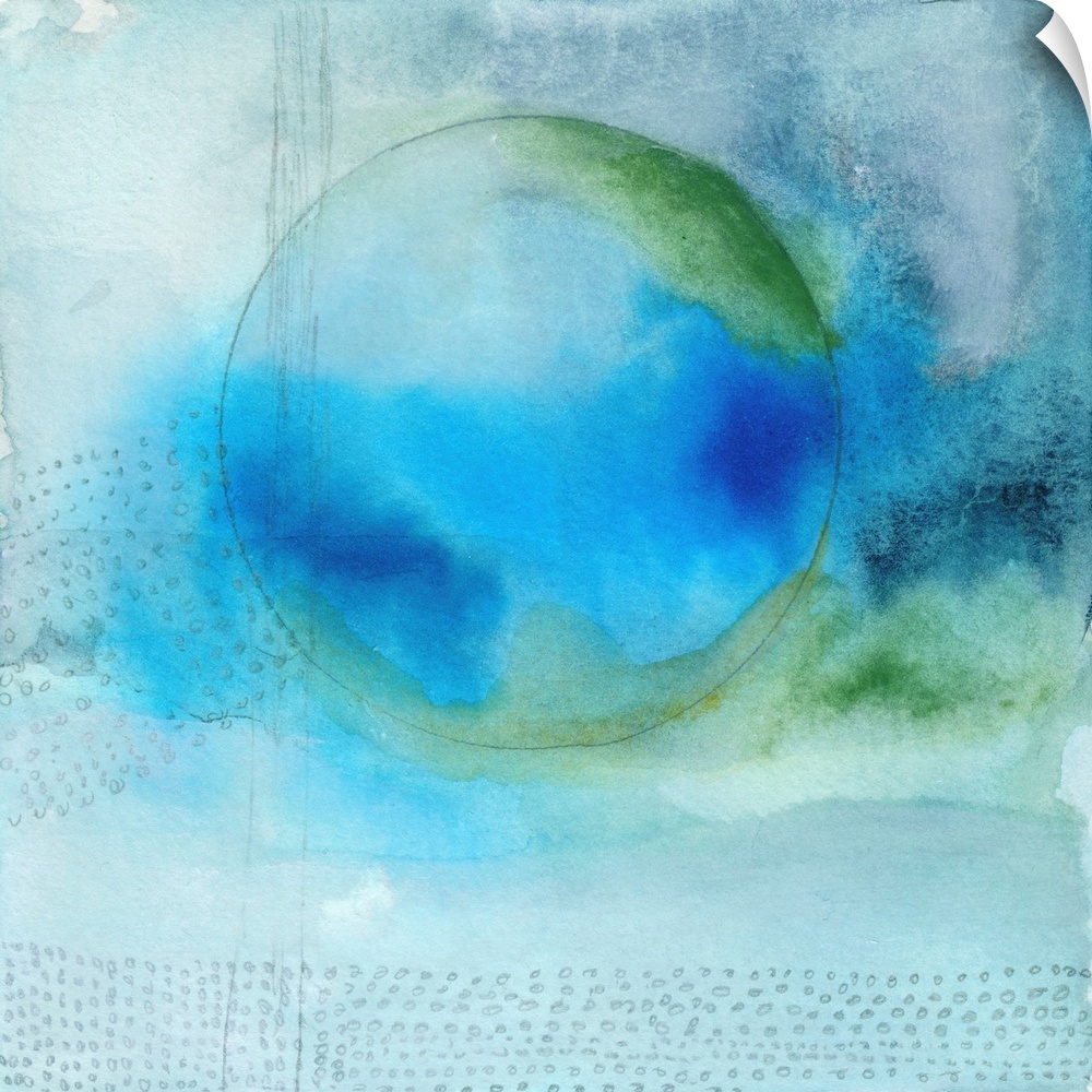 This contemporary artwork is a series of flowing watercolor backgrounds featuring a circular shape with dotted patterns as...