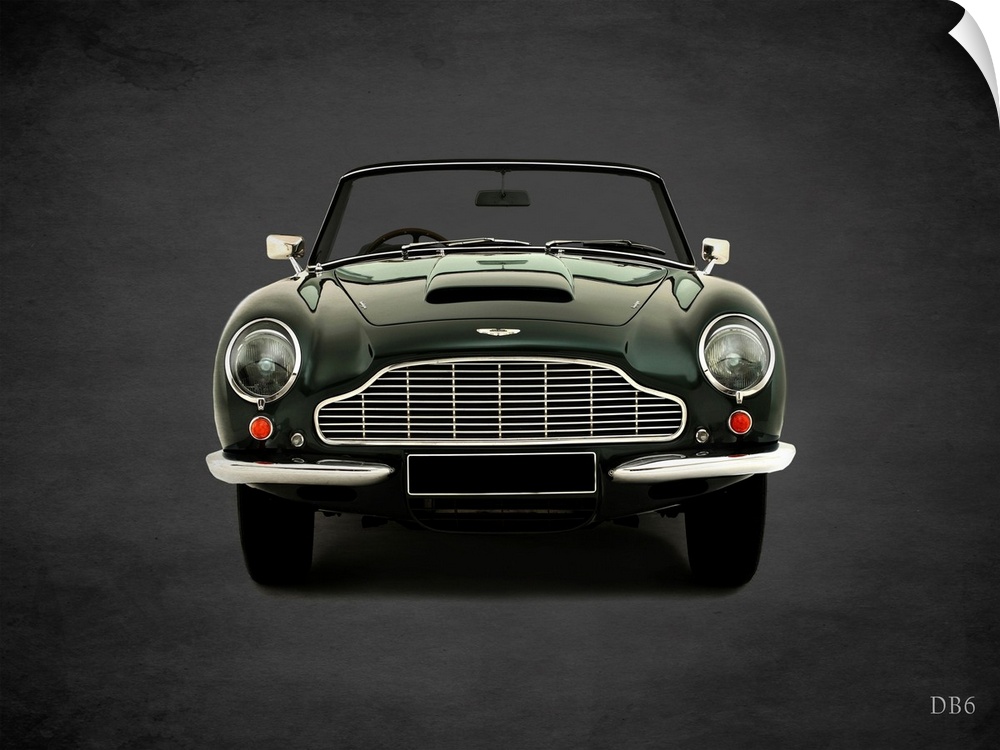 Photograph of a dark green 1965 Aston Martin DB6 printed on a black background with a dark vignette.