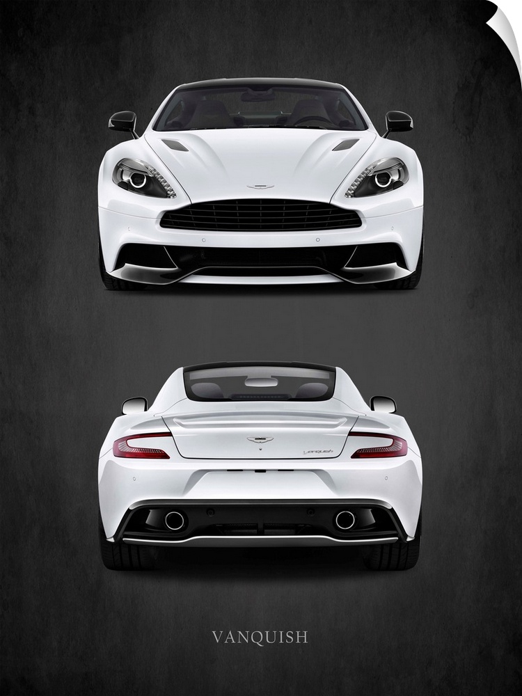 Photograph of a the front and back of a white Aston Martin Vanquish printed on a black background with a dark vignette.
