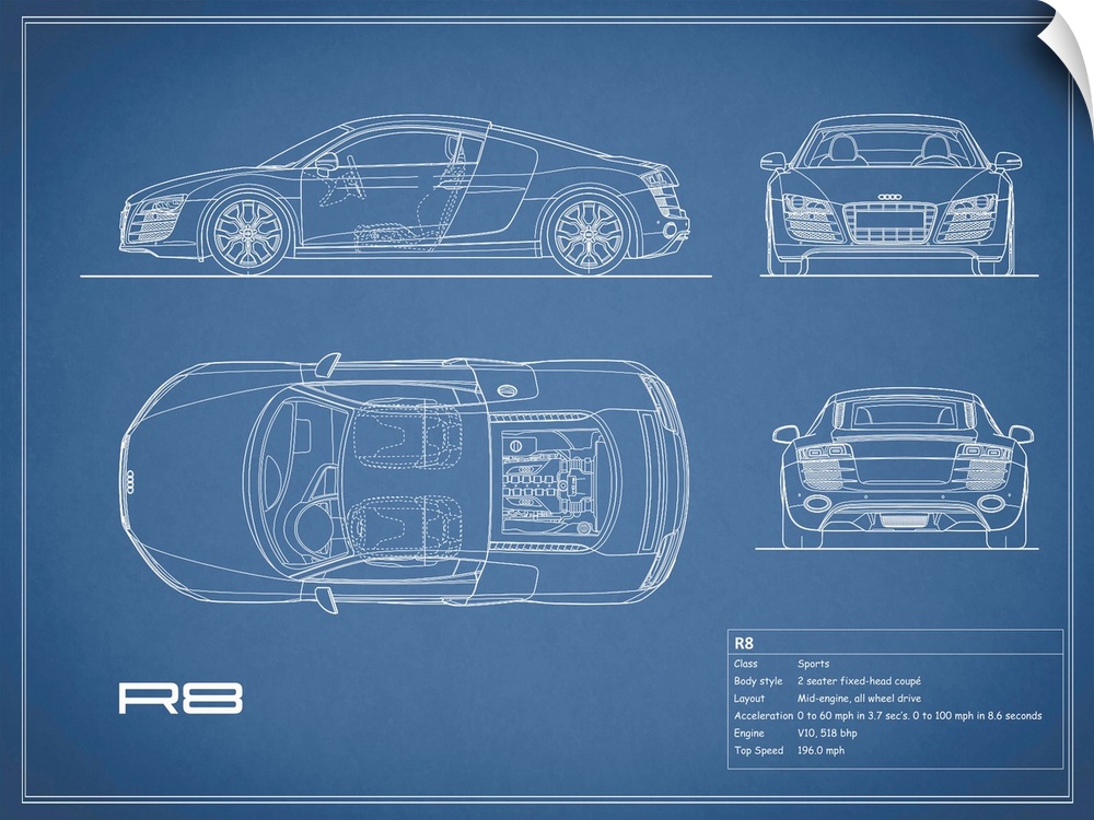 Antique style blueprint diagram of an Audi R8 V10 printed on a Blue background.