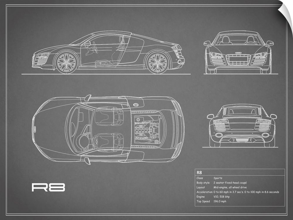 Antique style blueprint diagram of an Audi R8 V10 printed on a Grey background.