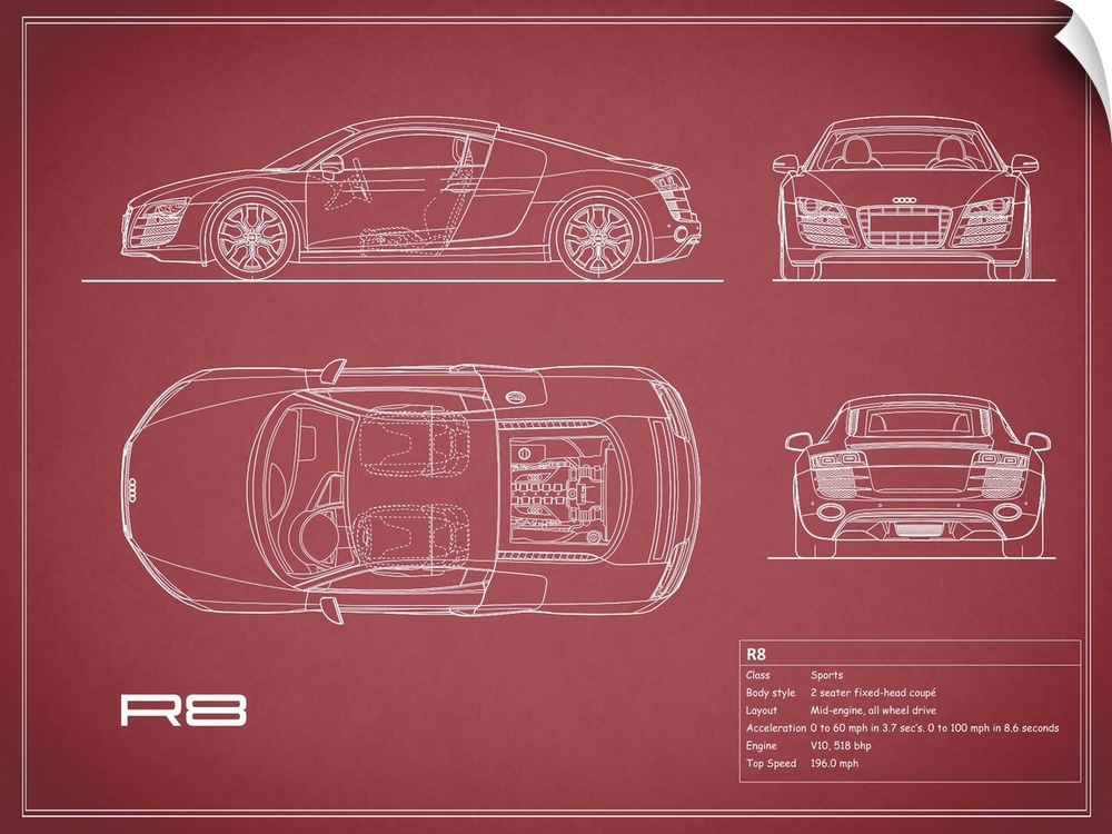 Antique style blueprint diagram of an Audi R8 V10 printed on a Maroon background.
