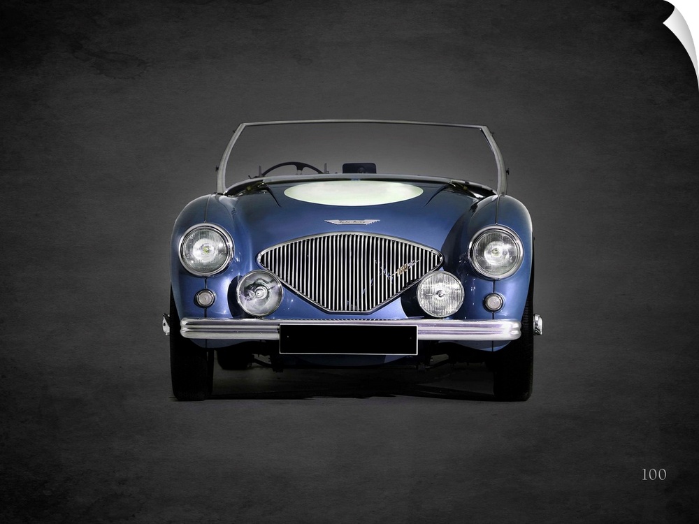 Photograph of a blue 1953 Austin-Healey 100 printed on a black background with a dark vignette.