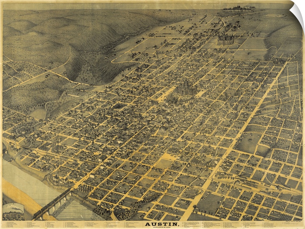 Antique illustrated map of a bird's eye view of Austin, Texas from 1887.