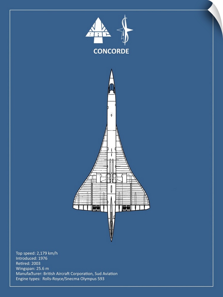Black and white diagram of a BAE Concorde with written information at the bottom, on a blue background.