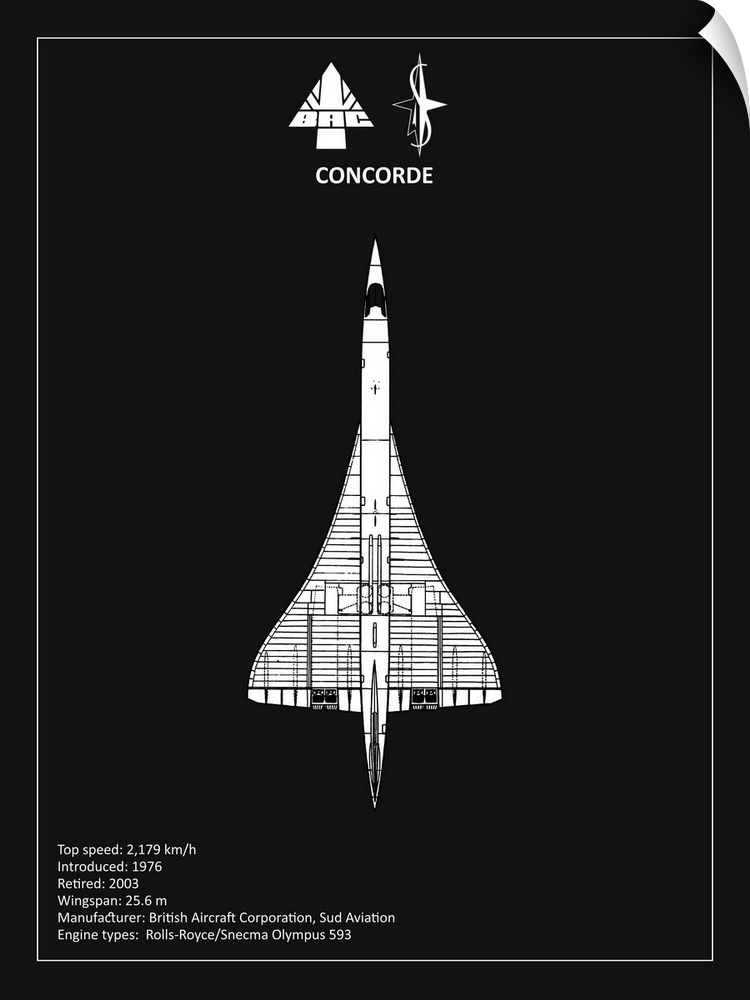 Black and white diagram of a BAE Concorde with written information at the bottom, on a black background.