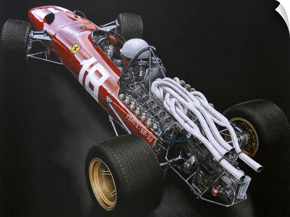 Illustration of a Formula One car on a black background, highlighting the back engine.