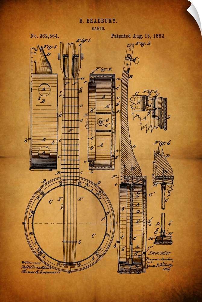Antique blueprint of the Banjo, patented August 15, 1882.