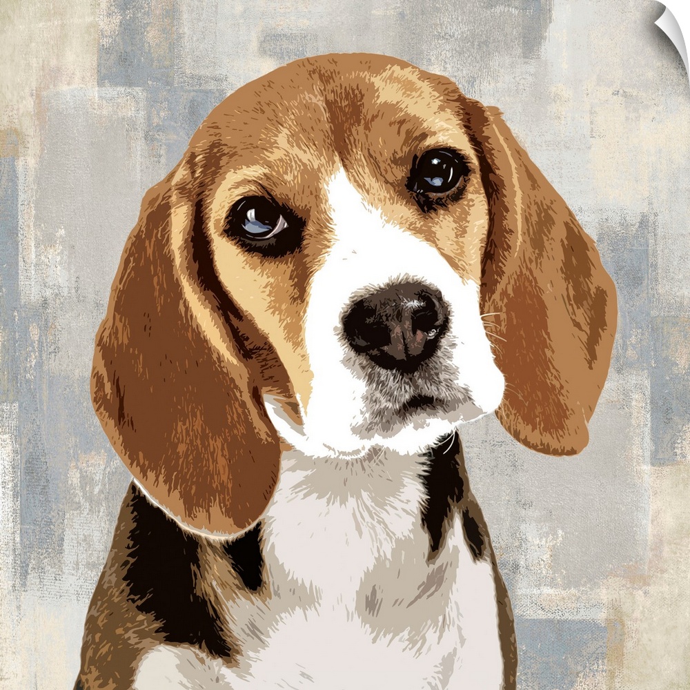 Square decor with a portrait of a Beagle on a layered gray, blue, and tan background.