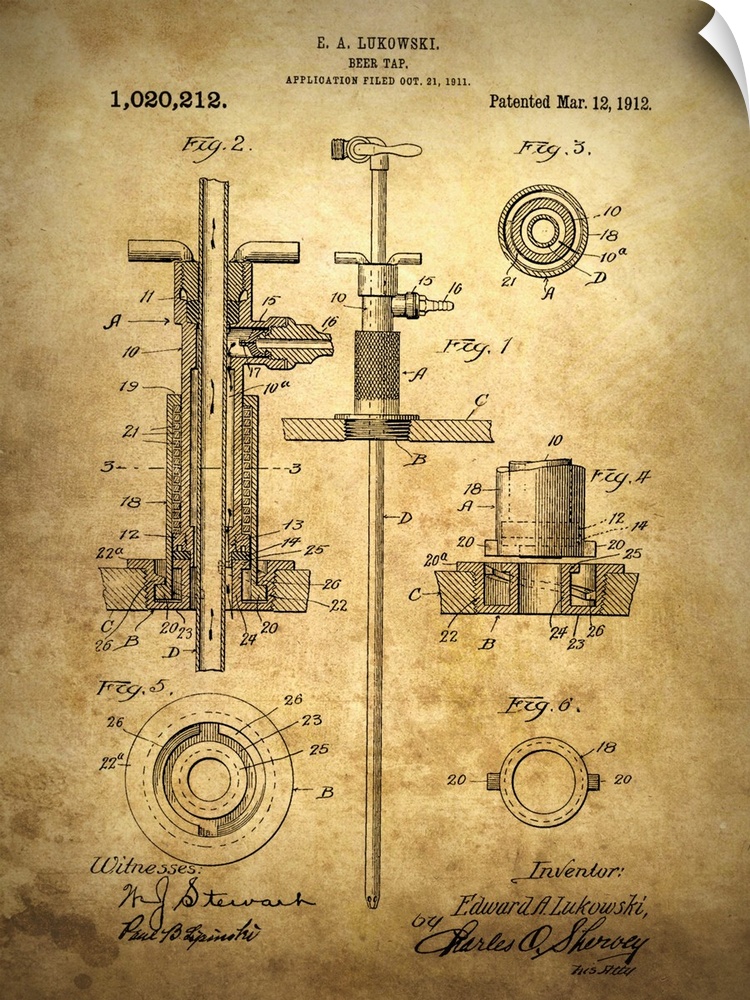 Antique blueprint of the beer tap, patented March 12, 1912.