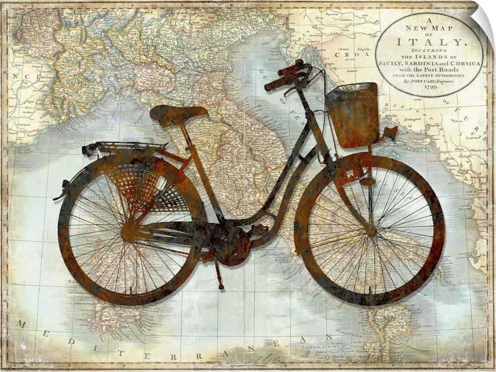 Vintage decor with a silhouette of a bicycle on top of a map of Italy.